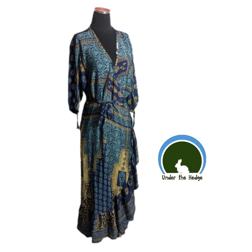 Blue & Gold Paisley Recycled Silk Blend Wrap Maxi Ruffle Sari Dress One Size